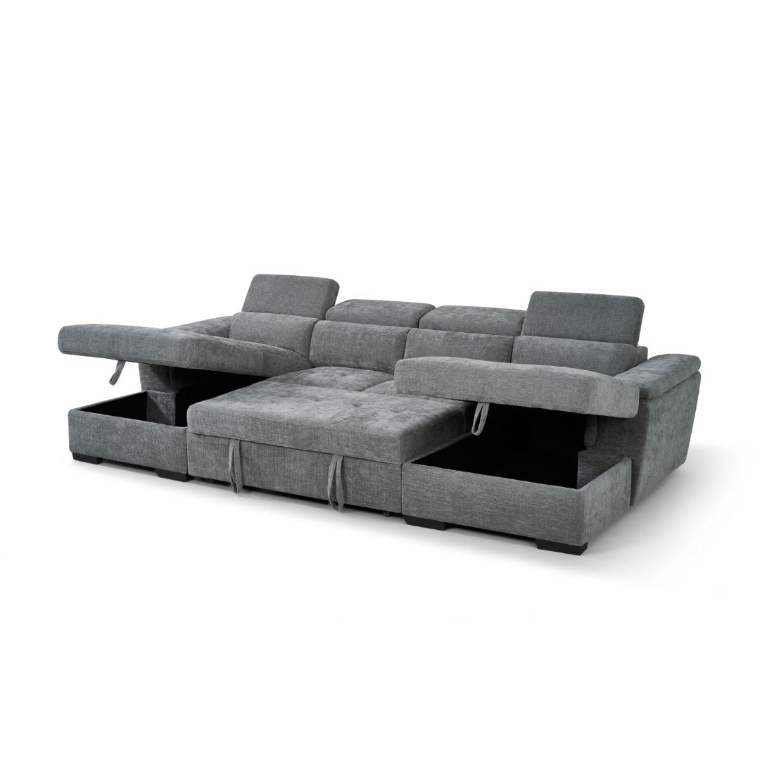 Grey Bellagio Grande U-shape corner sofa bed with both storage chaises open and headrests raised