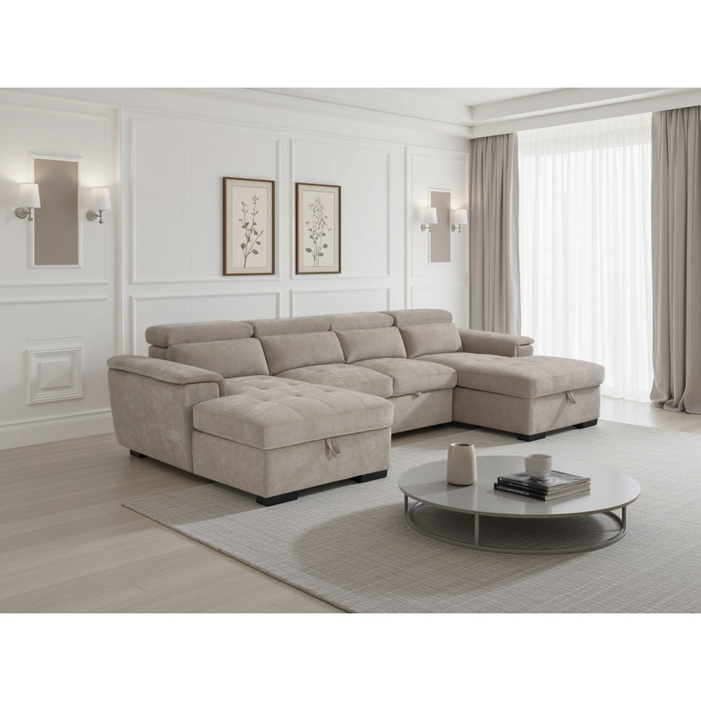 Beige Bellagio Grande U-shape corner sofa bed styled with a coffee table, side angle