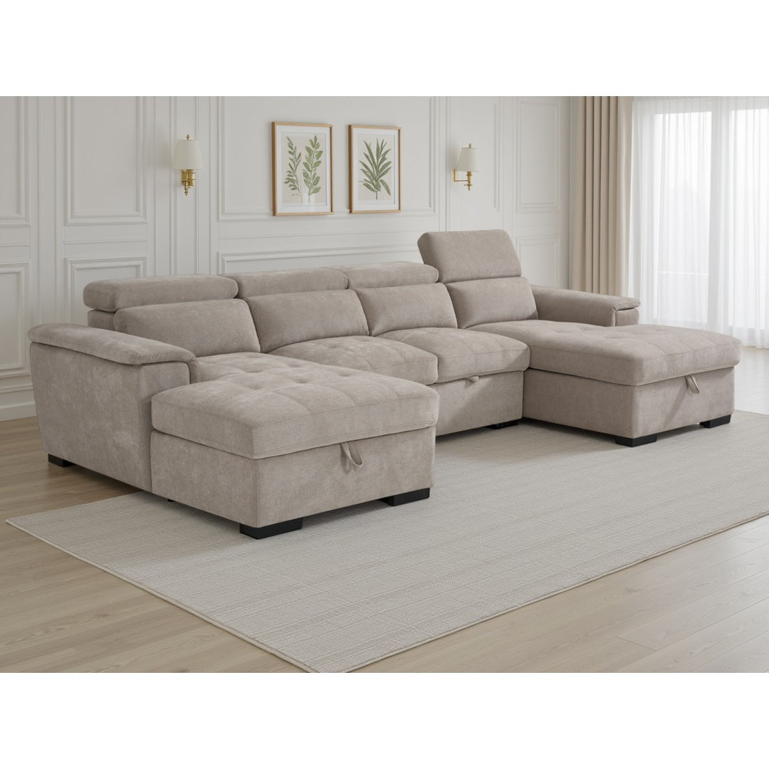 Beige Bellagio Grande 6 seater U-shape corner sofa bed with adjustable headrests