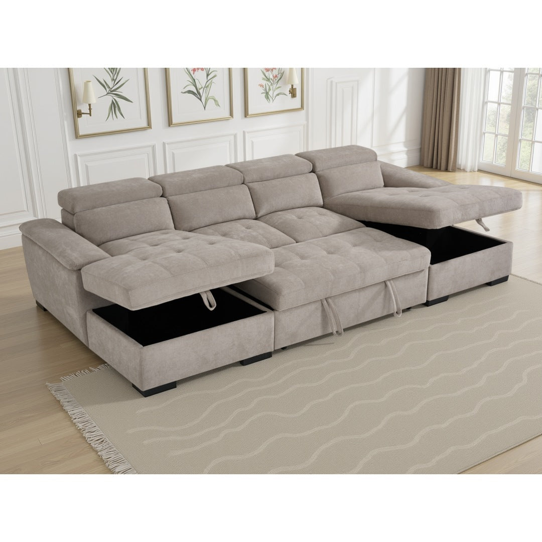 Beige Bellagio Grande U-shape corner sofa bed with both storage chaises lifted open