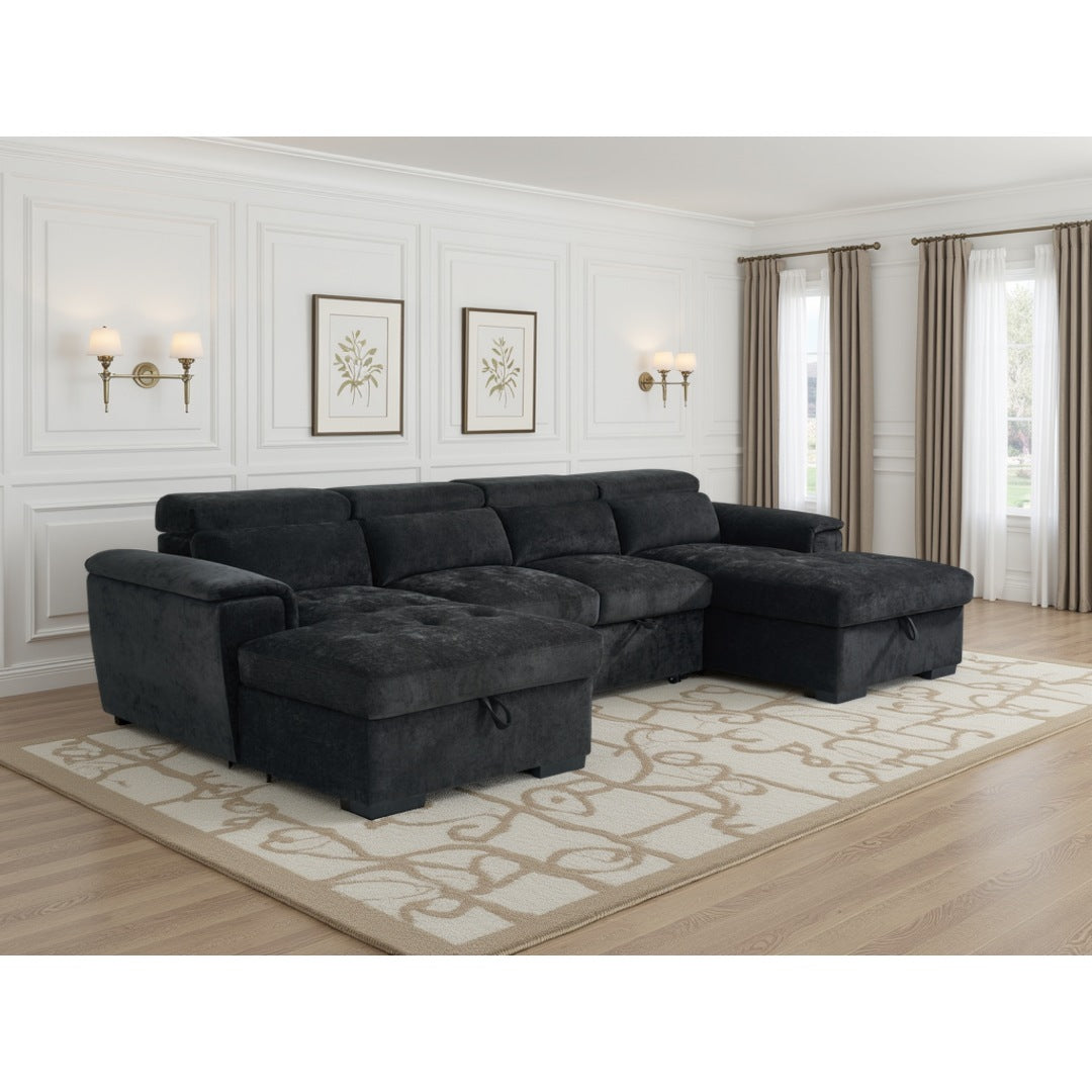 Black Bellagio Grande U-shape corner sofa bed with storage in a living room
