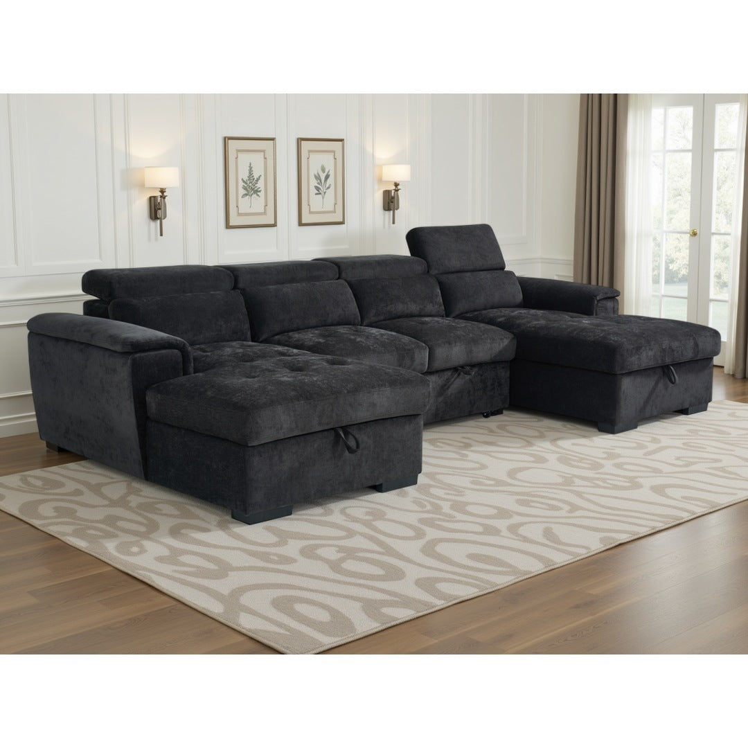 Black Bellagio Grande U-shape corner sofa bed with headrest raised, side angle