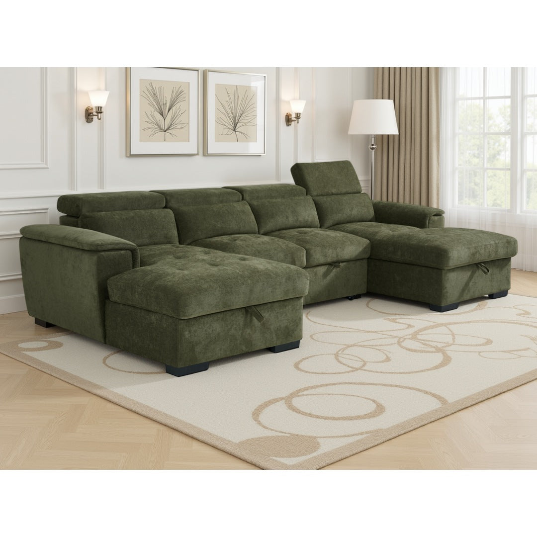 Green Bellagio Grande 6 seater U-shape corner sofa bed with adjustable headrests
