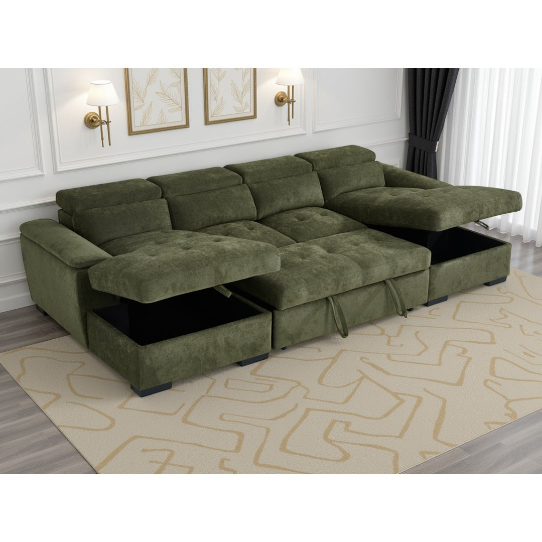 Green Bellagio Grande U-shape corner sofa bed with both storage chaises open