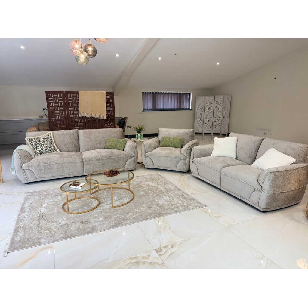 Beige Bergamo 3 seater and 2 seater fabric sofas with high-back lumbar support in an open-plan lounge