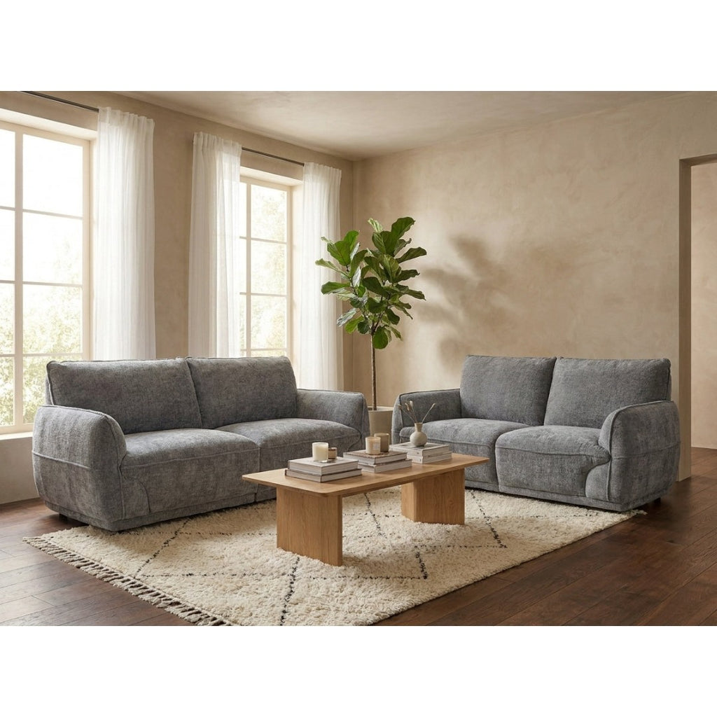 Bergamo 3 + 2 seater sofa set in grey soft-touch fabric, styled in a bright living room