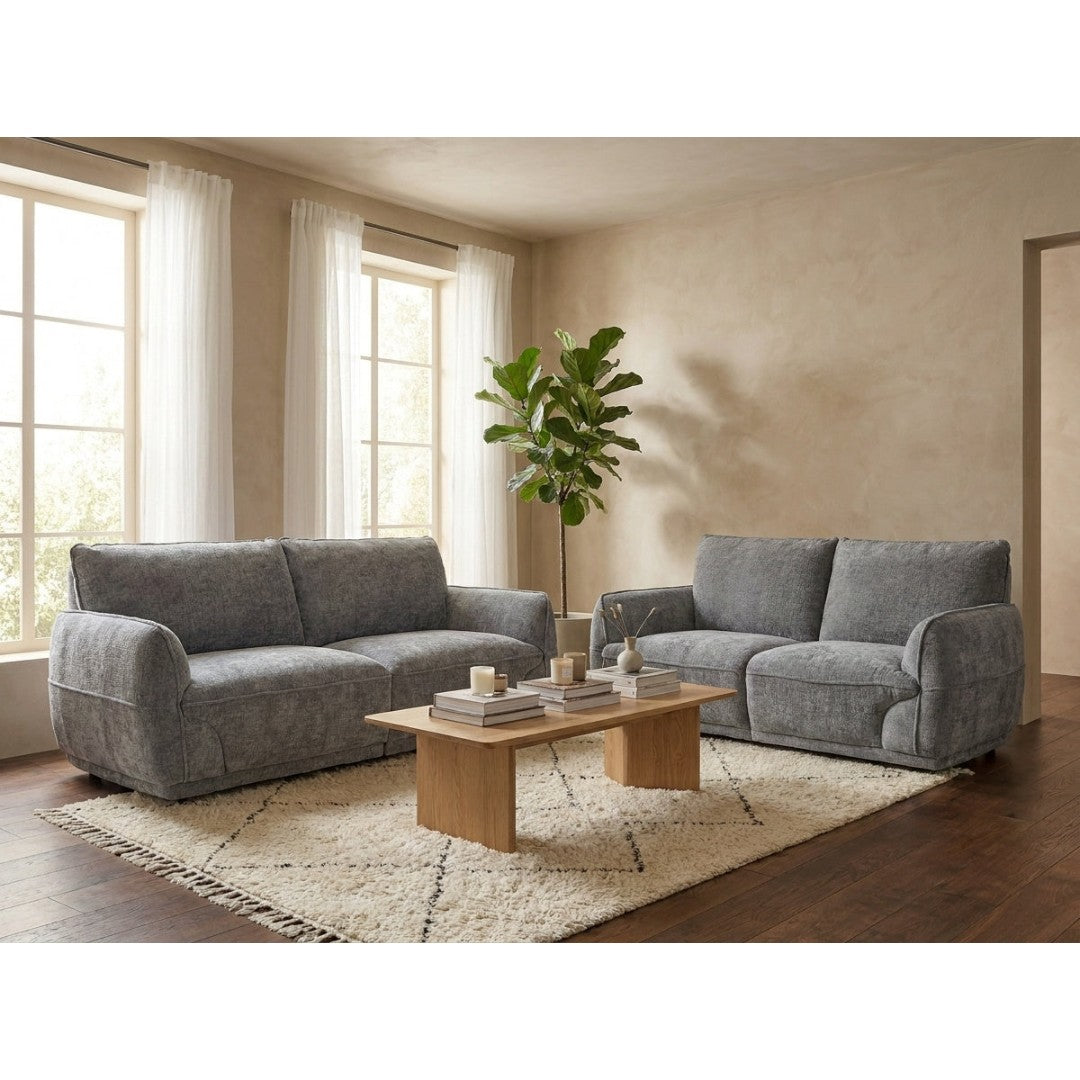 Bergamo 3 + 2 seater sofa set in grey soft-touch fabric, styled in a bright living room