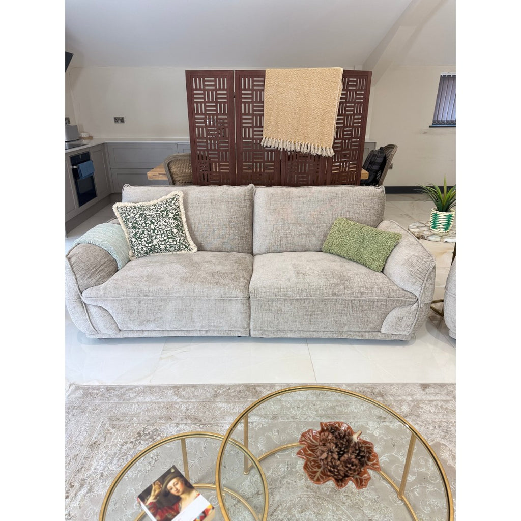 Front view of the beige Bergamo 3 seater fabric sofa with high-back lumbar support