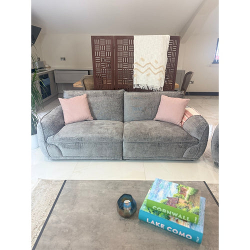 Front view of the grey Bergamo 3 seater fabric sofa with high back and padded arms