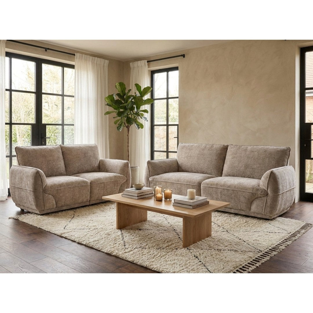 Bergamo beige fabric 3+2 sofa set with a high back and padded arms in a bright living room