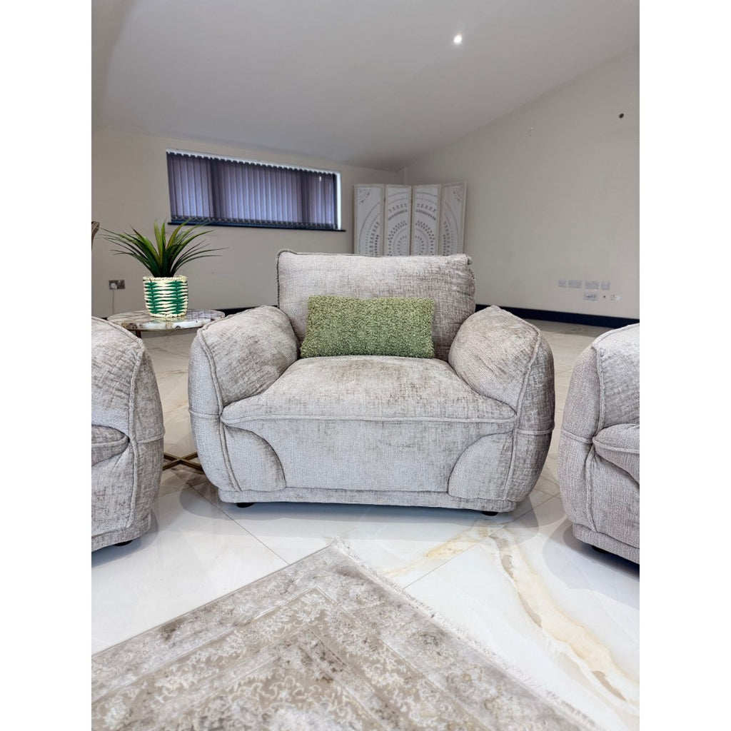 Beige Bergamo armchair in soft-touch textured fabric with padded arms