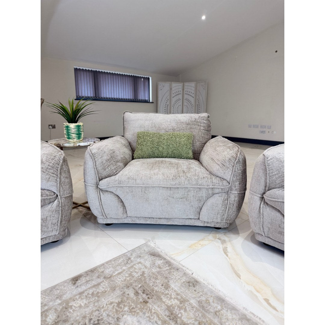 Beige Bergamo armchair in soft-touch textured fabric with padded arms