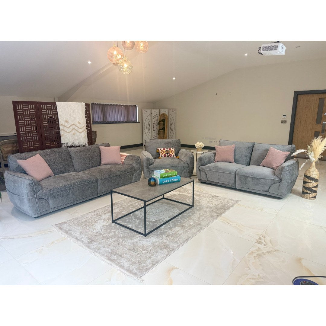 Grey Bergamo 3 seater sofa, 2 seater sofa and armchair styled together in a living room