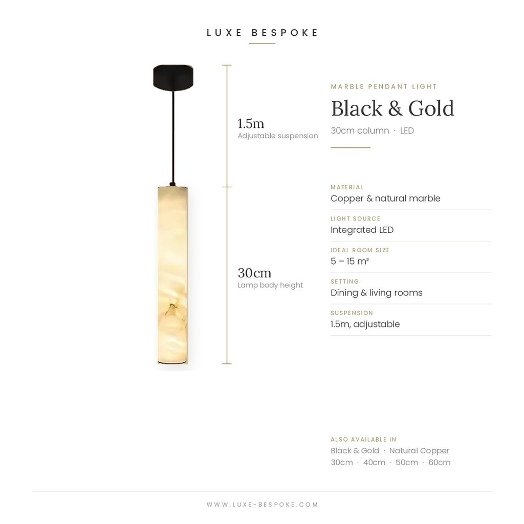 Calacatta marble pendant light dimensions, black and gold finish, 30cm column with 1.5m adjustable suspension