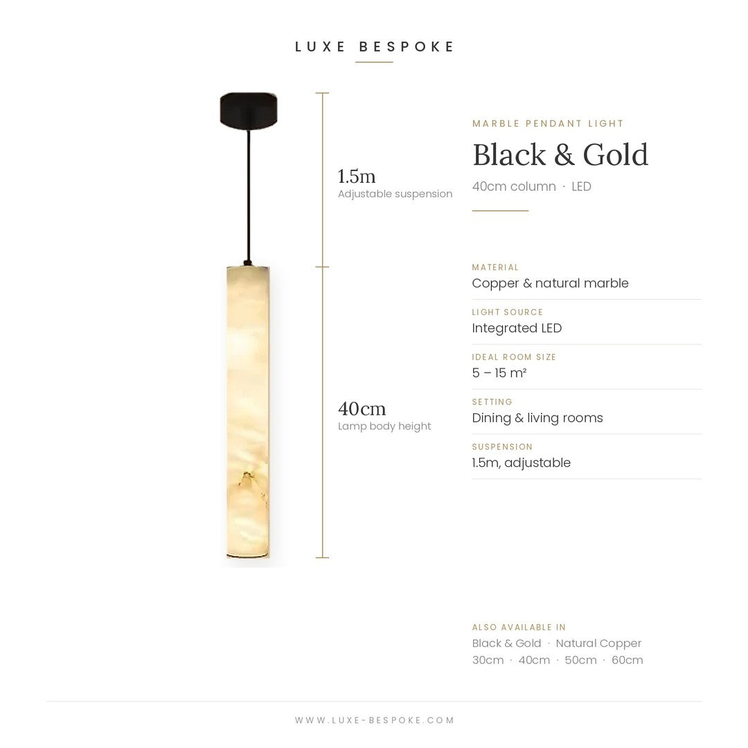 Calacatta marble pendant light dimensions, black and gold finish, 40cm column with 1.5m adjustable suspension