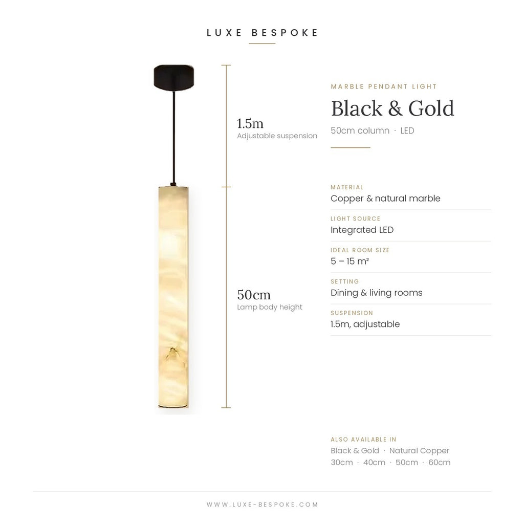 Calacatta marble pendant light dimensions, black and gold finish, 50cm column with 1.5m adjustable suspension
