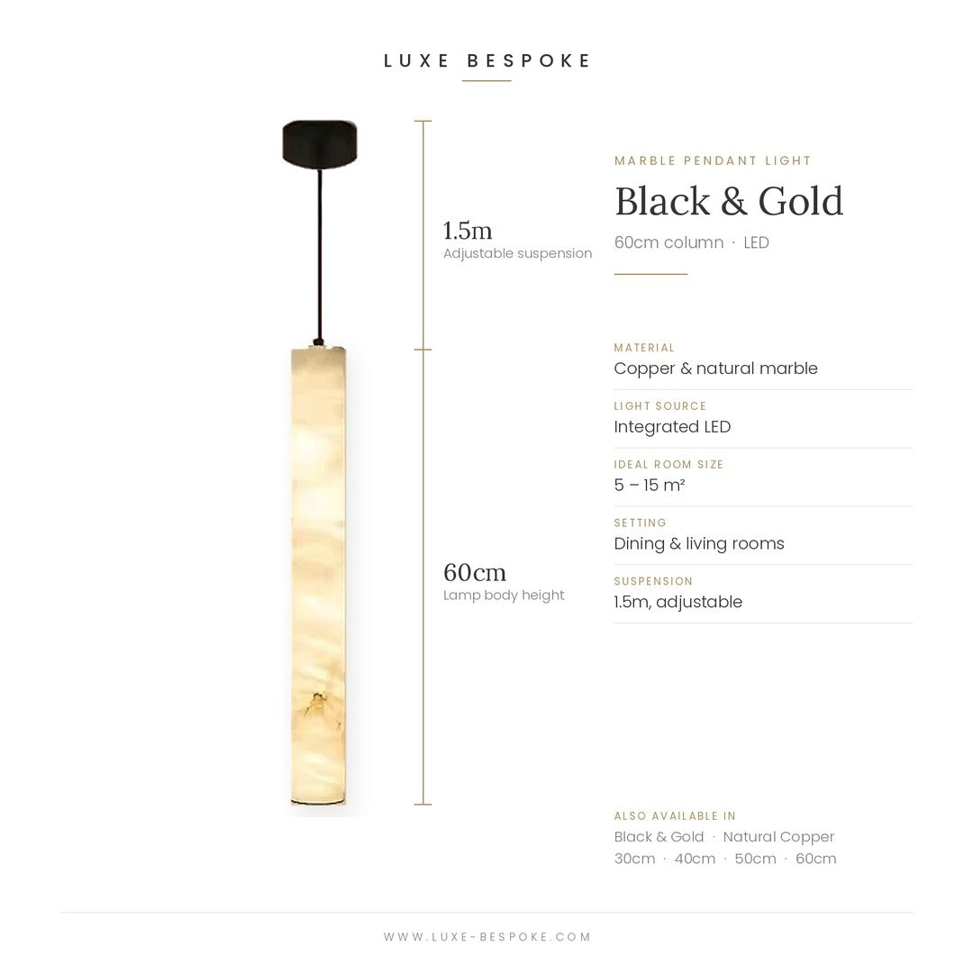 Calacatta marble pendant light dimensions, black and gold finish, 60cm column with 1.5m adjustable suspension