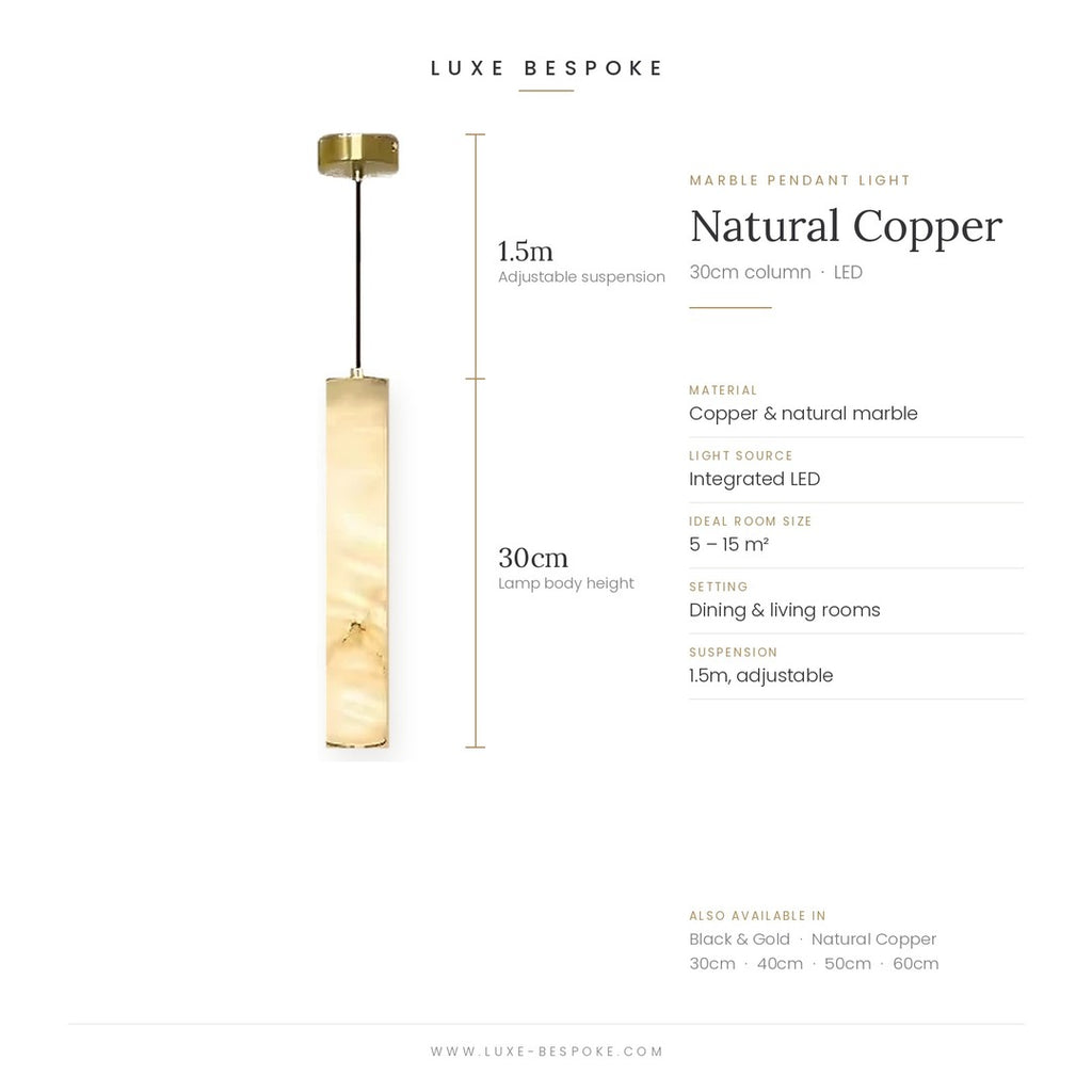Calacatta marble pendant light dimensions, natural copper finish, 30cm column with 1.5m adjustable suspension
