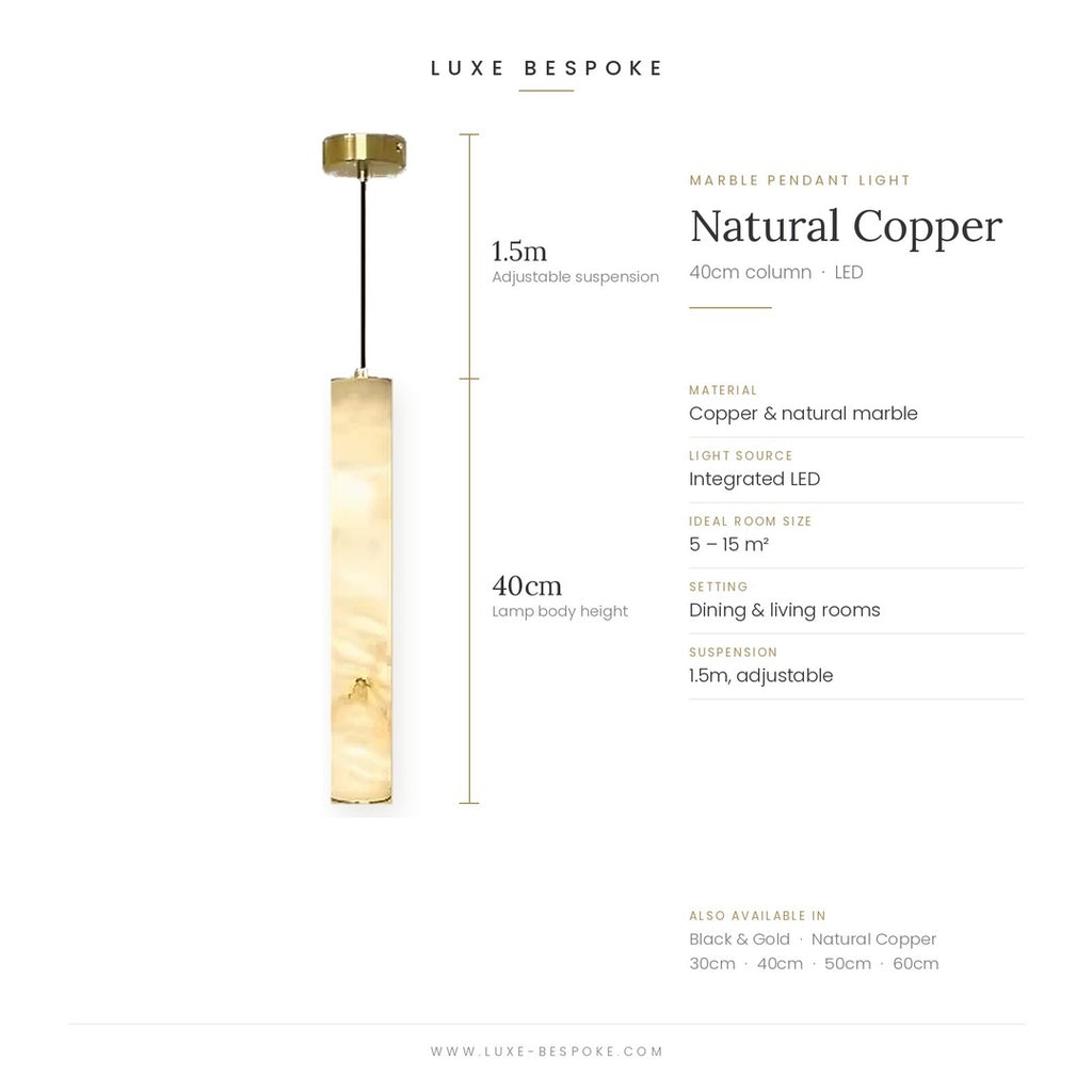 Calacatta marble pendant light dimensions, natural copper finish, 40cm column with 1.5m adjustable suspension