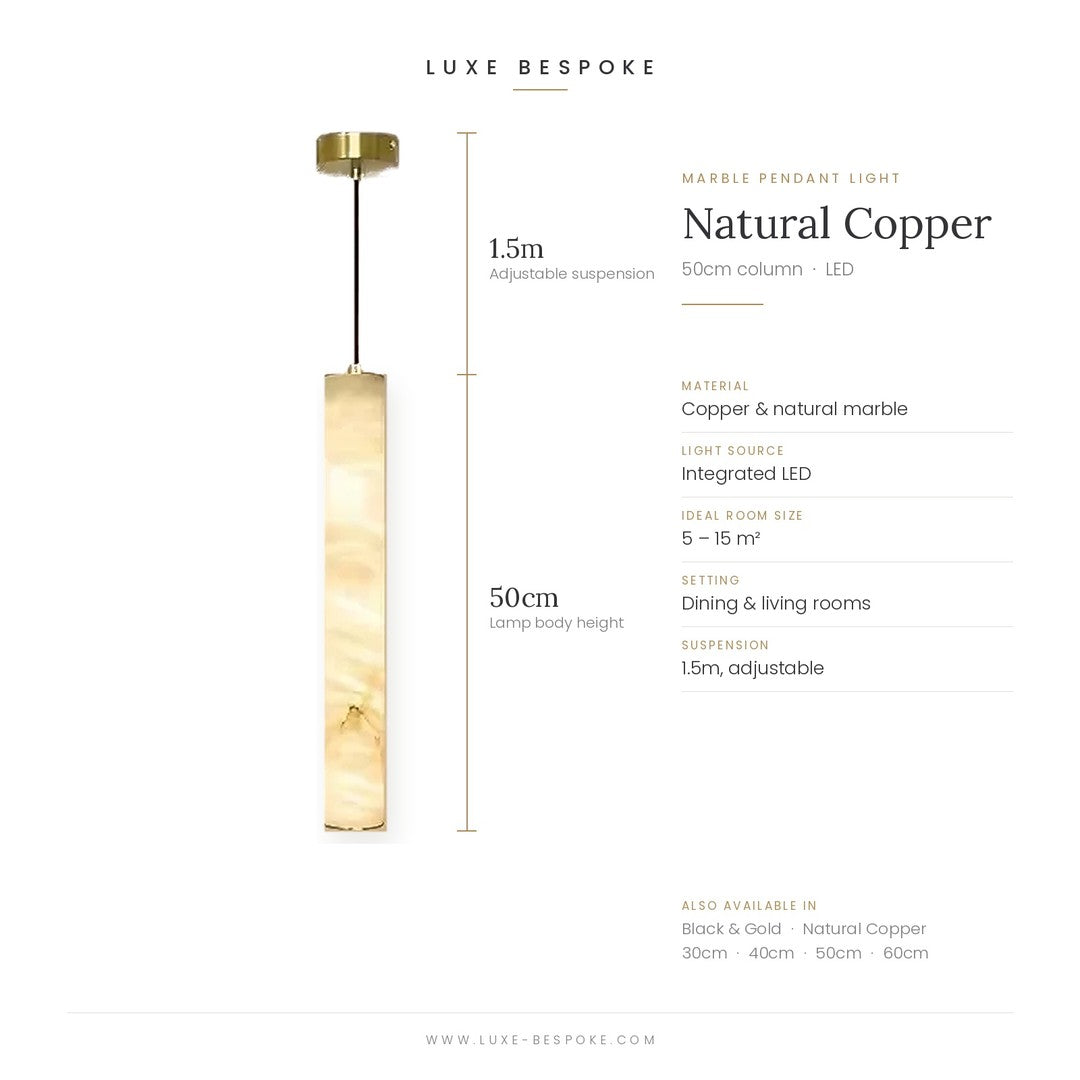 Calacatta marble pendant light dimensions, natural copper finish, 50cm column with 1.5m adjustable suspension