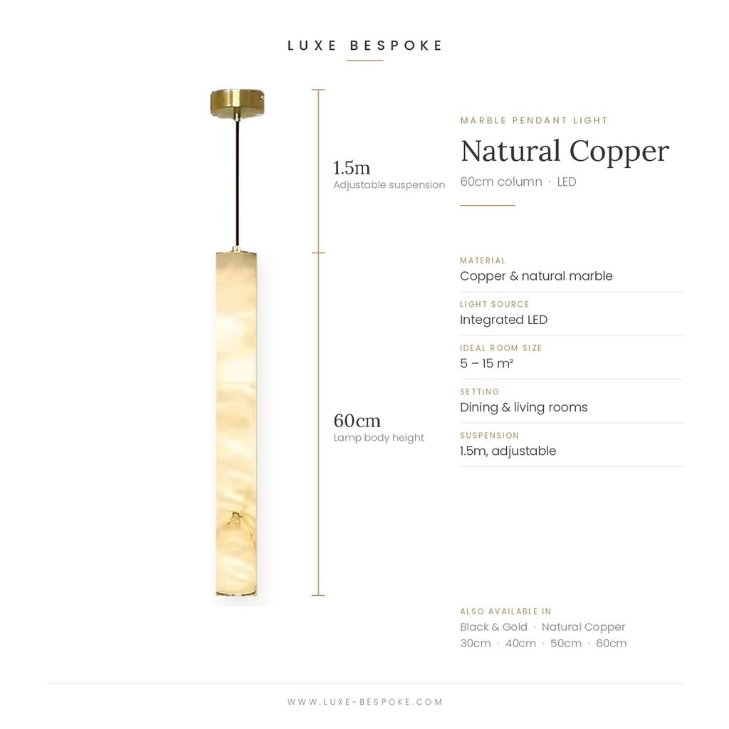 Calacatta marble pendant light dimensions, natural copper finish, 60cm column with 1.5m adjustable suspension