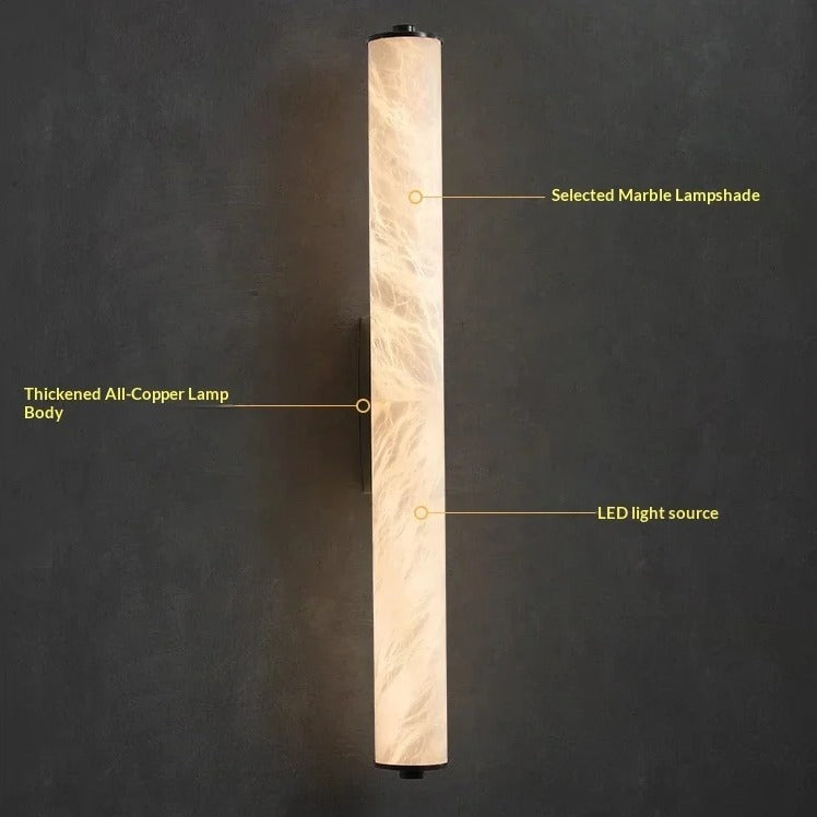 Calacatta marble wall light diagram showing the all-copper body and integrated LED