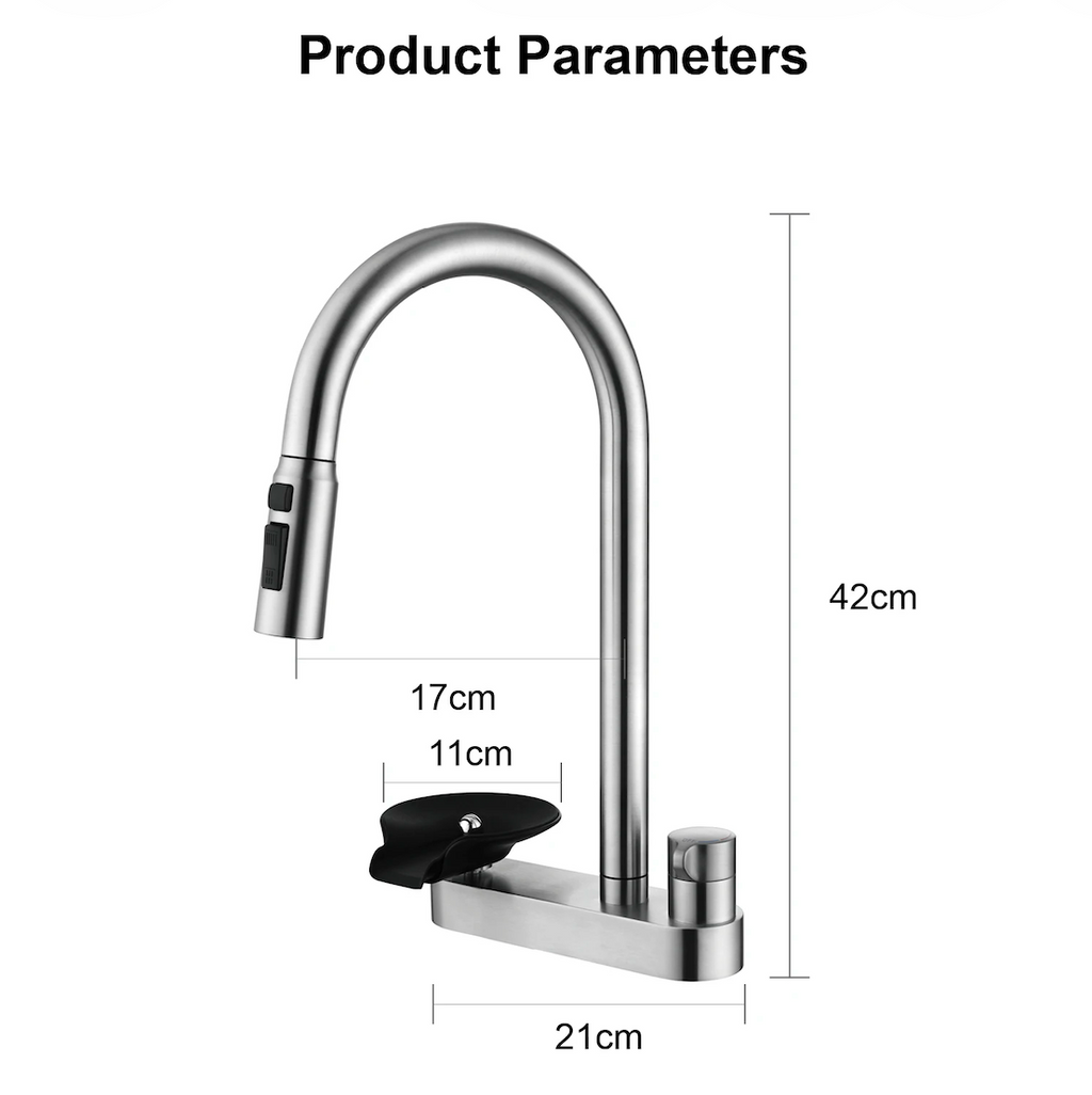 The Camden Pull-Out Kitchen Mixer Tap product parameters diagram showing height and base dimensions