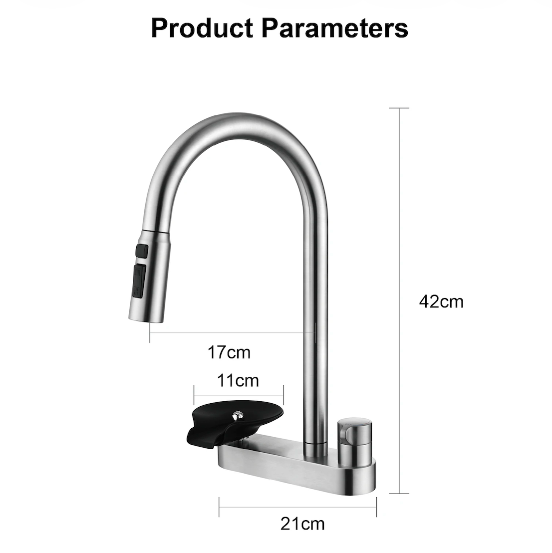 The Camden Pull-Out Kitchen Mixer Tap product parameters diagram showing height and base dimensions