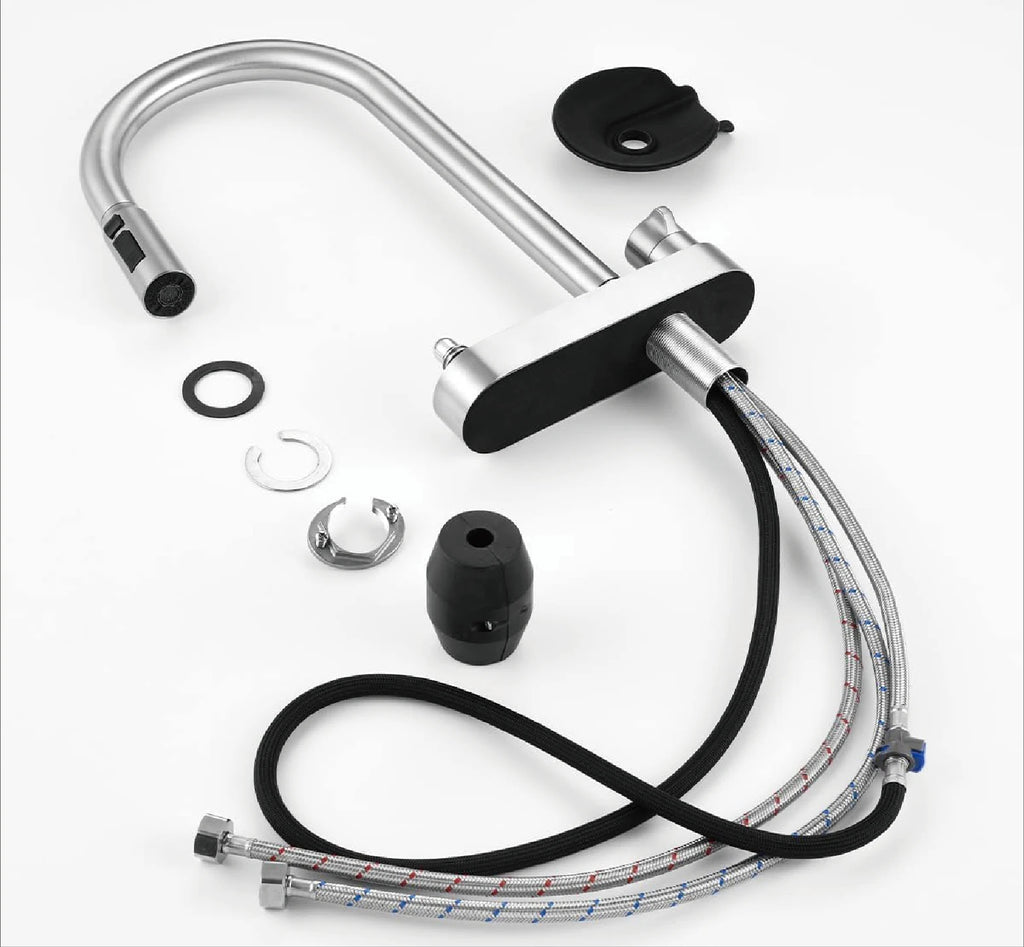 The Camden Pull-Out Kitchen Mixer Tap installation kit with braided supply hoses, mounting hardware and washers