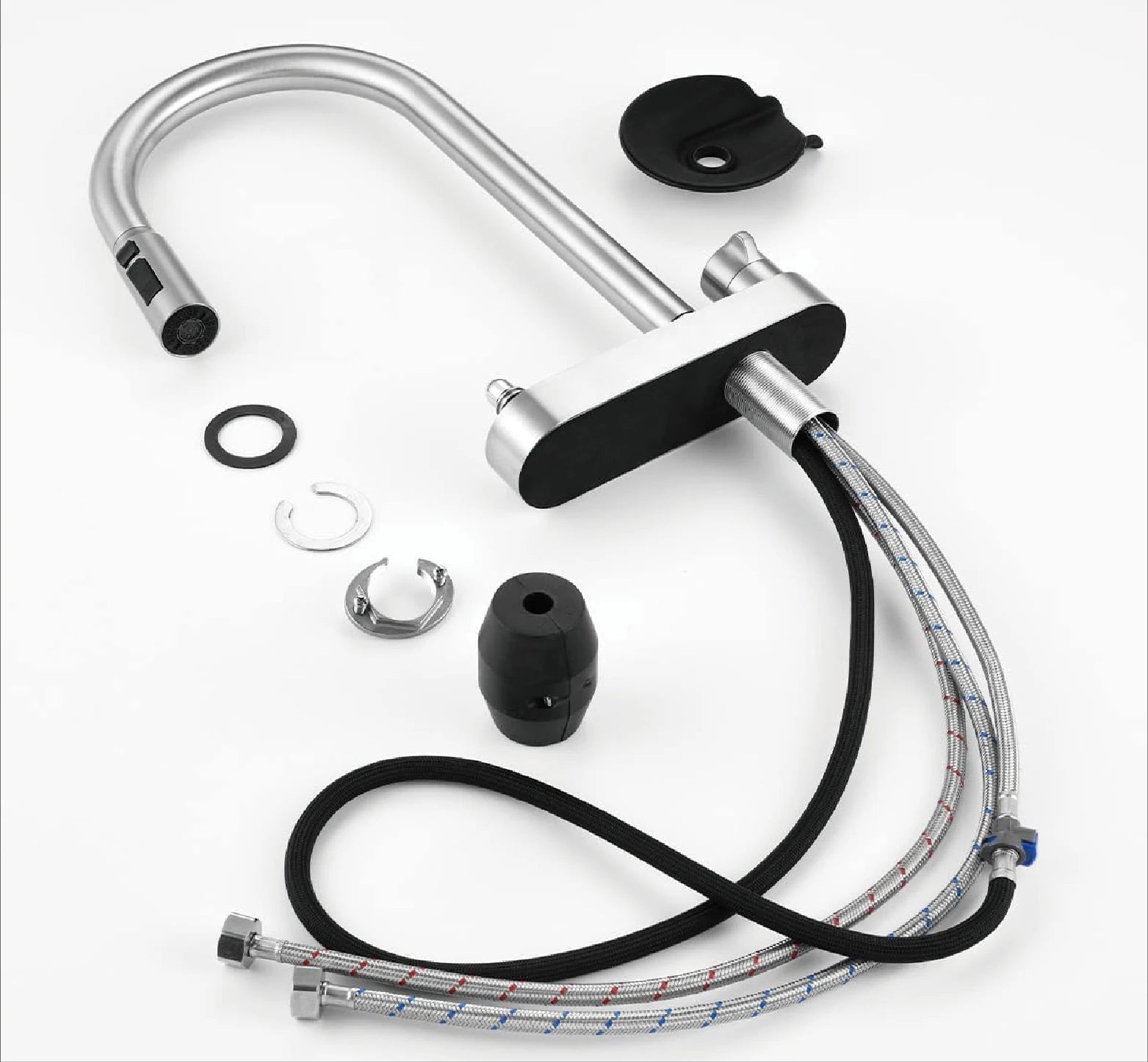 The Camden Pull-Out Kitchen Mixer Tap installation kit with braided supply hoses, mounting hardware and washers