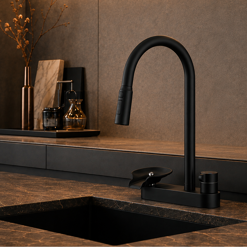 The Camden Pull-Out Kitchen Mixer Tap in Matte Black with gooseneck spout, installed on a kitchen sink countertop