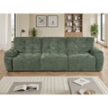 Front view of the green Cortina 3 seater electric sofa bed with padded arms and tufted back