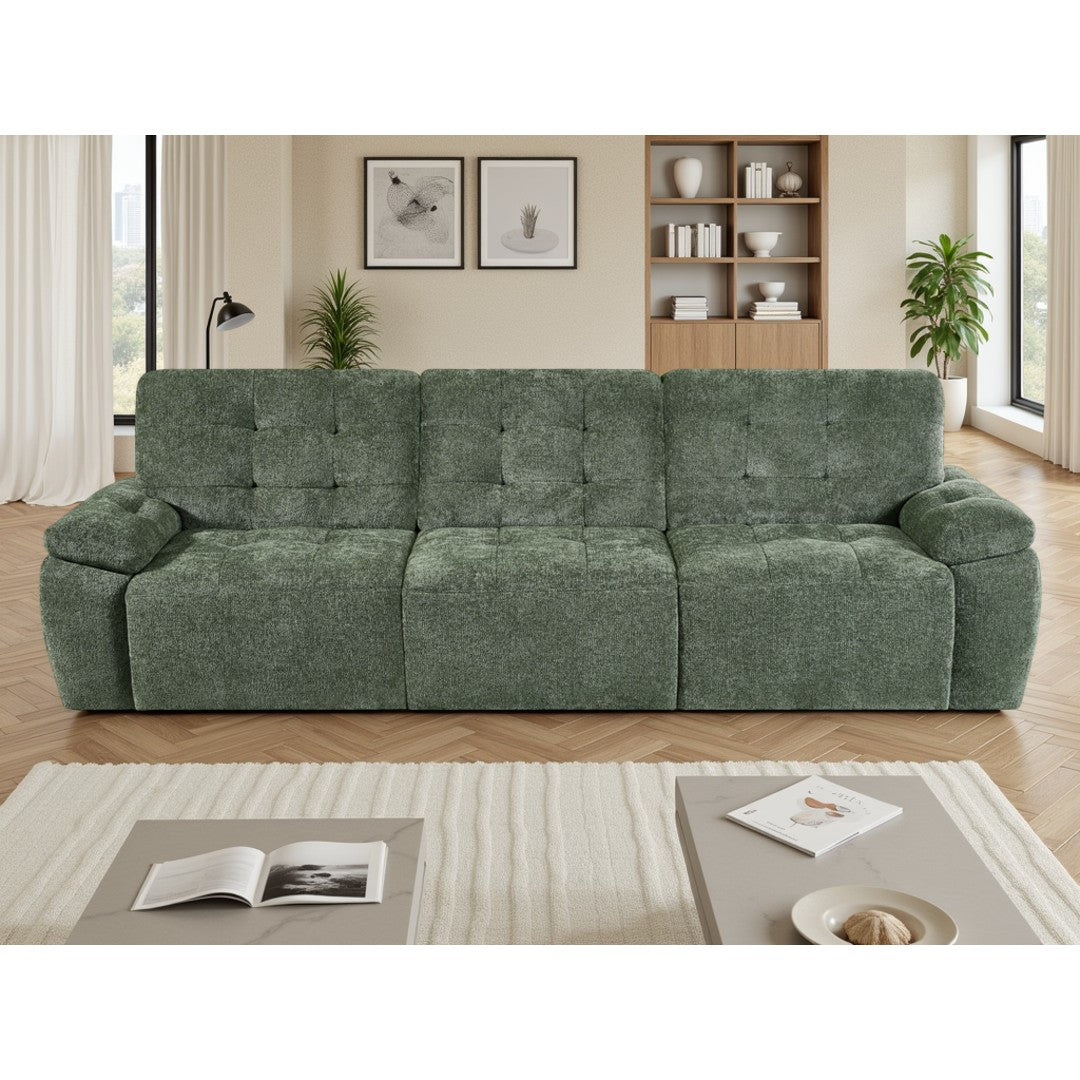 Front view of the green Cortina 3 seater electric sofa bed with padded arms and tufted back