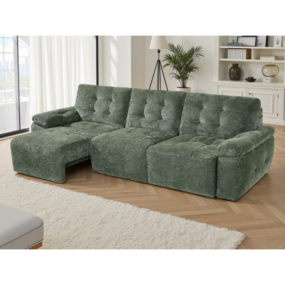 Green Cortina electric sofa bed with one power seat extended as a recliner