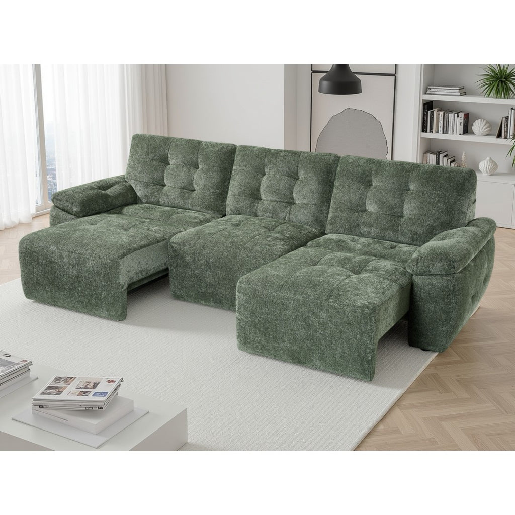 Green Cortina electric recliner sofa bed with both end seats extended