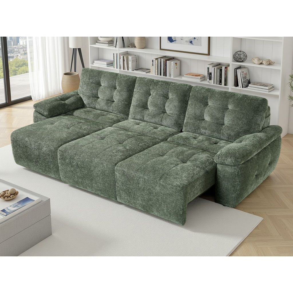 Green Cortina 3 seater sofa bed fully extended to a 218 x 115 cm sleeping area