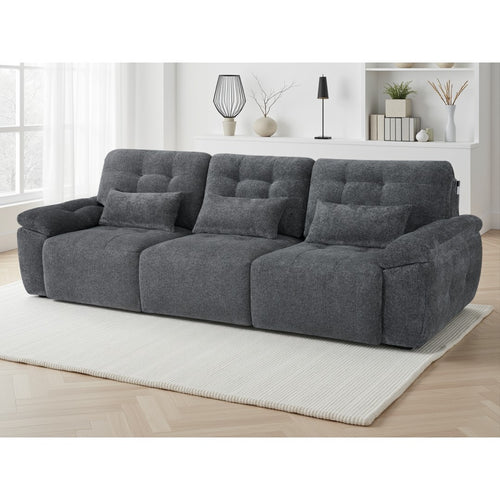 Cortina 3 seater electric sofa bed in grey textured fabric with quilted tufting, styled in a bright living room