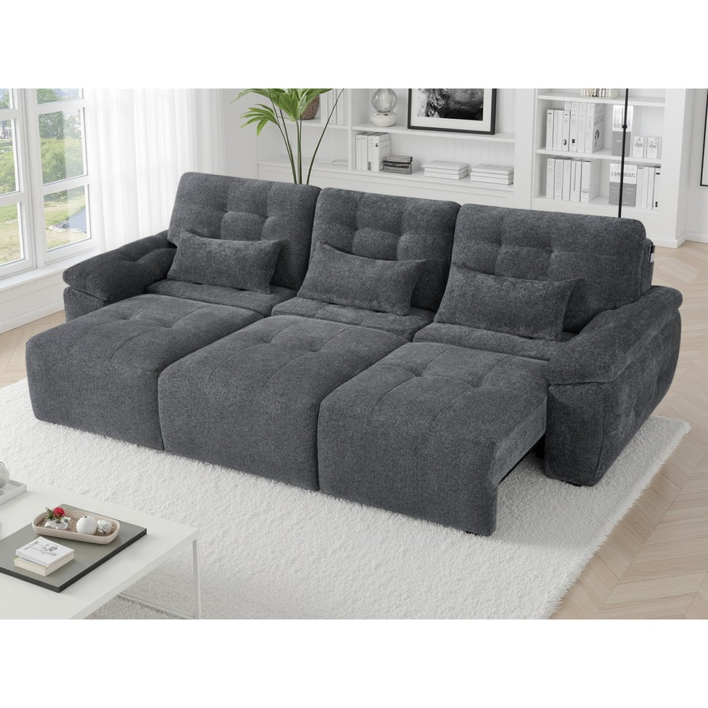 Grey Cortina electric sofa bed with all three power sliding seats extended into a bed