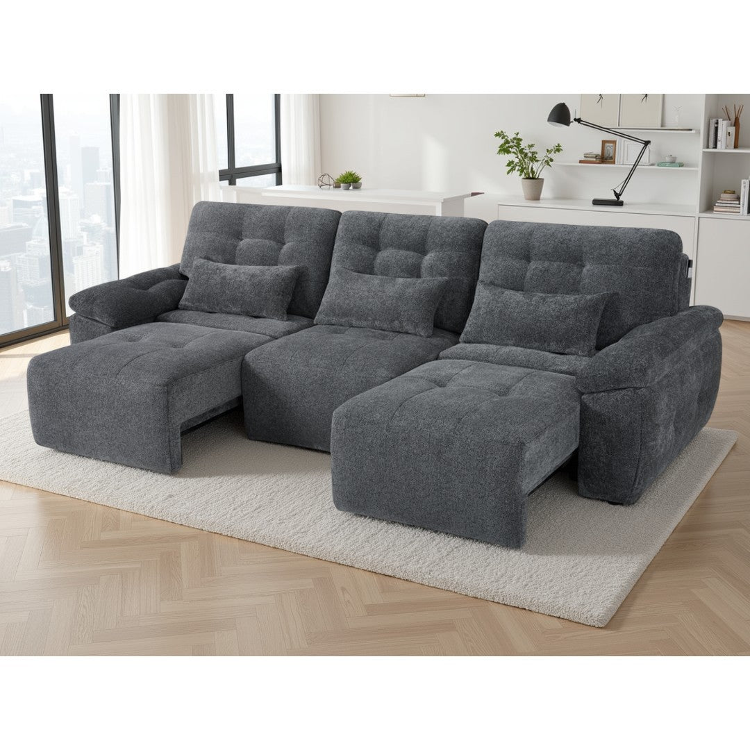 Grey Cortina power reclining sofa with both end seats extended for lounging