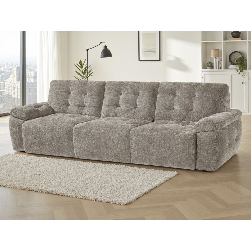 Cortina 3 seater electric sofa bed in mushroom textured fabric in a modern living room