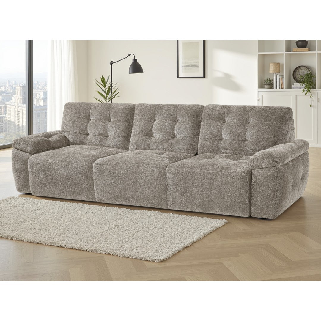 Cortina 3 seater electric sofa bed in mushroom textured fabric in a modern living room