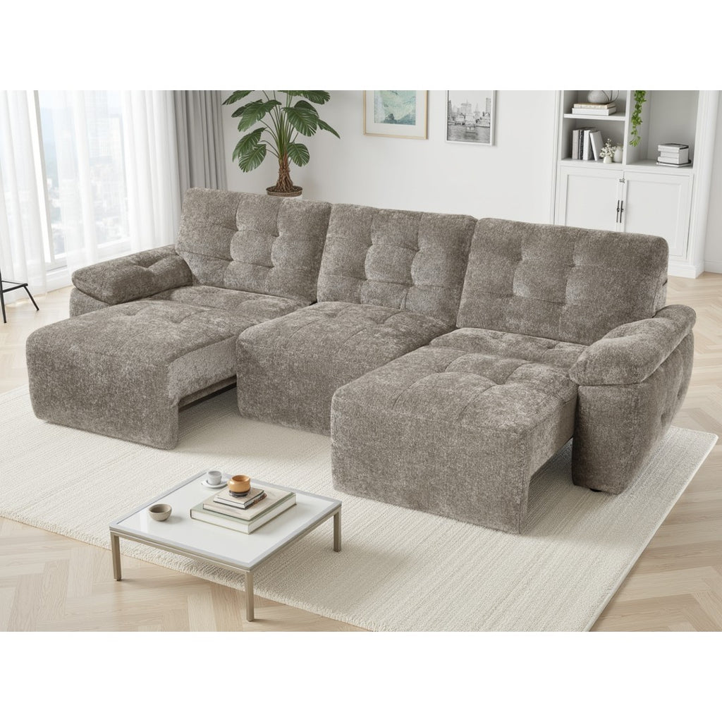 Mushroom Cortina power reclining sofa bed with both end seats extended