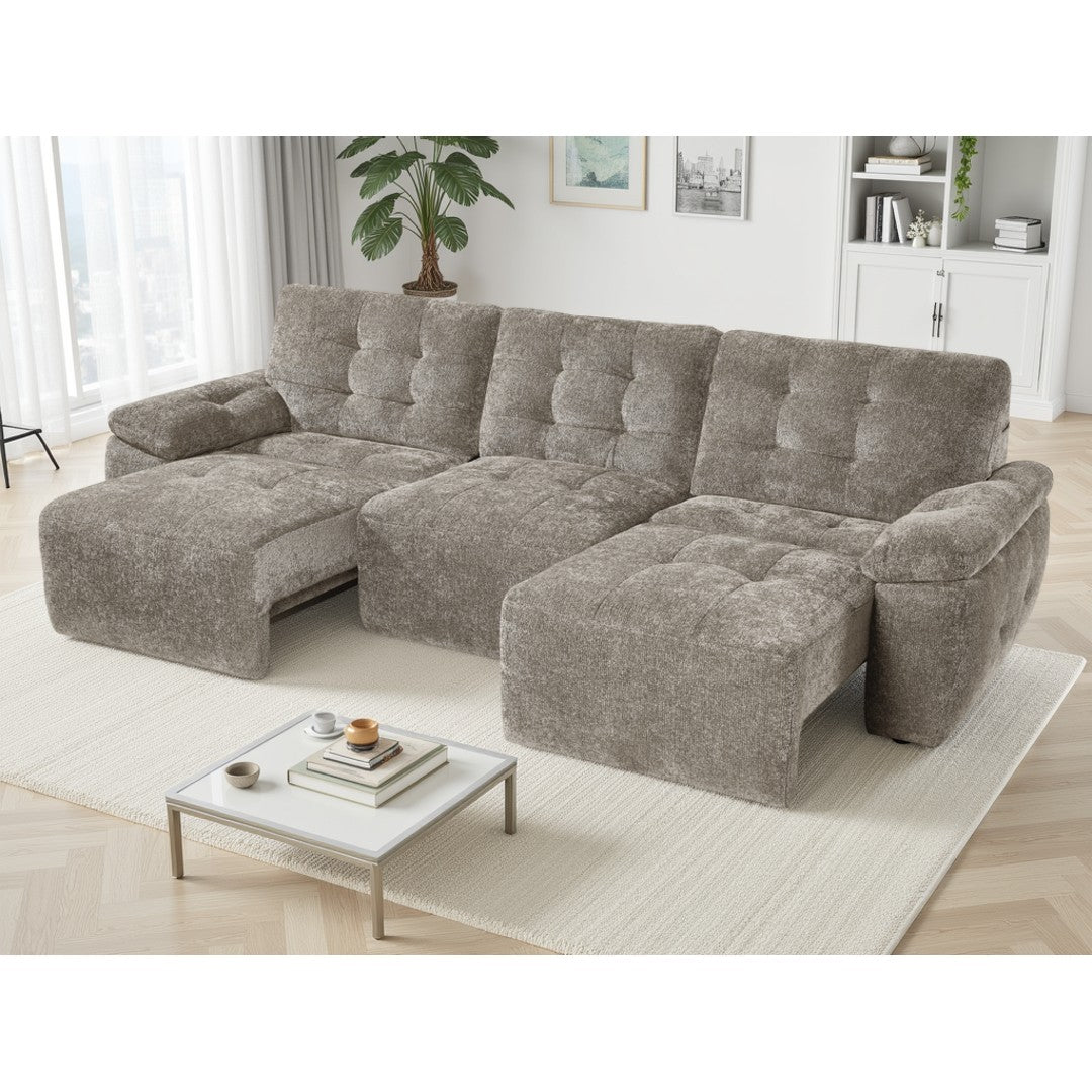 Mushroom Cortina power reclining sofa bed with both end seats extended