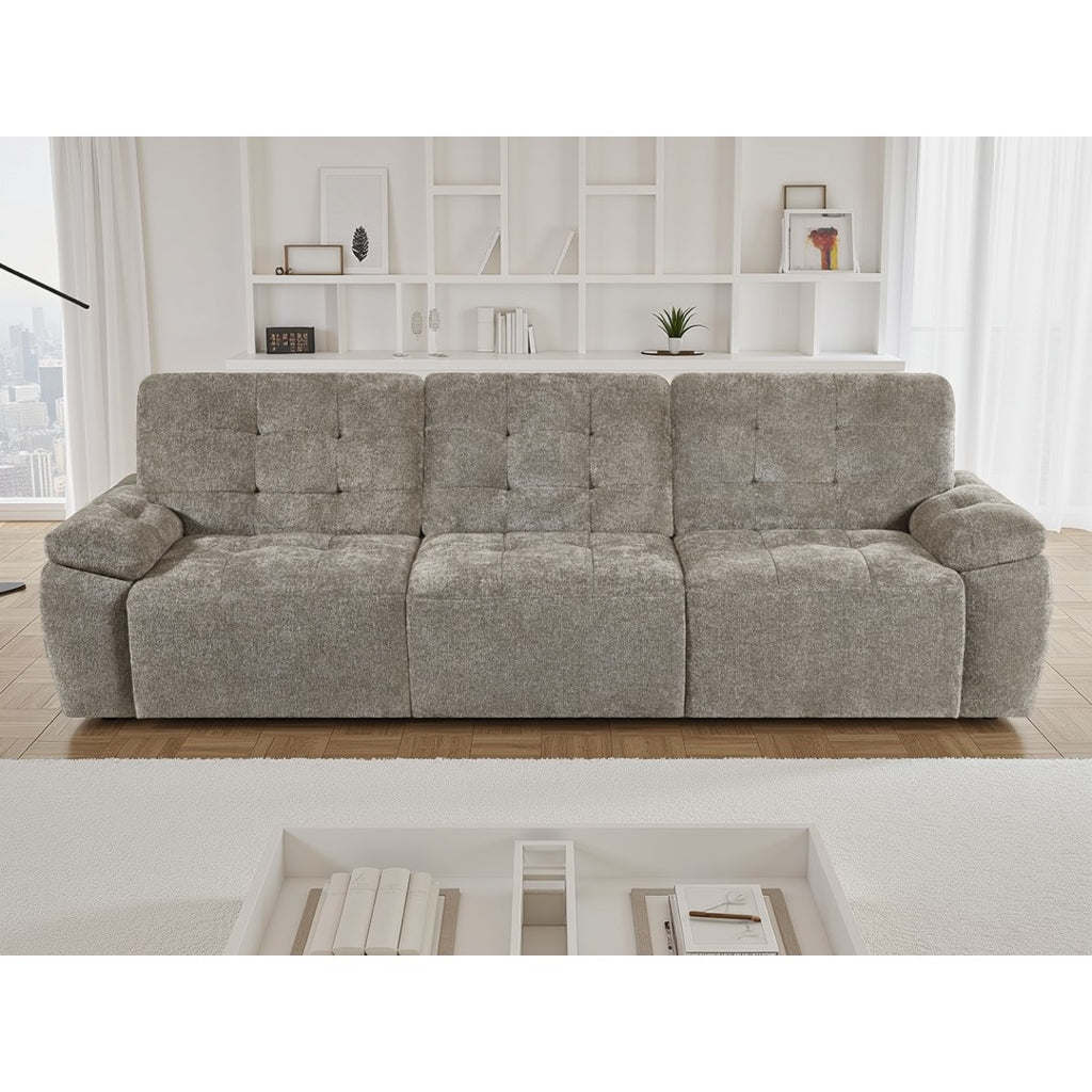 Front view of the mushroom Cortina electric sofa bed with quilted square tufting