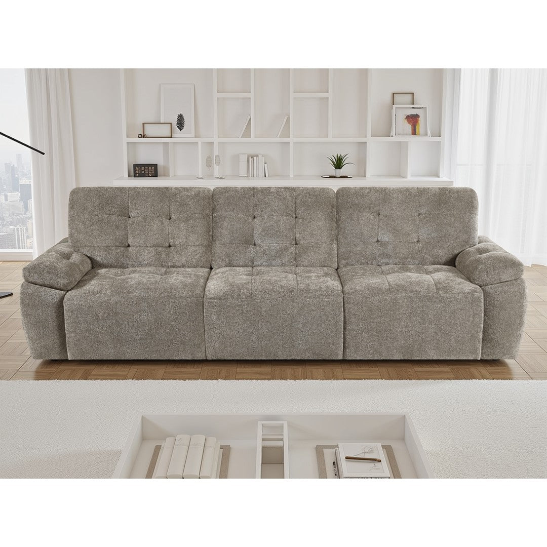 Front view of the mushroom Cortina electric sofa bed with quilted square tufting