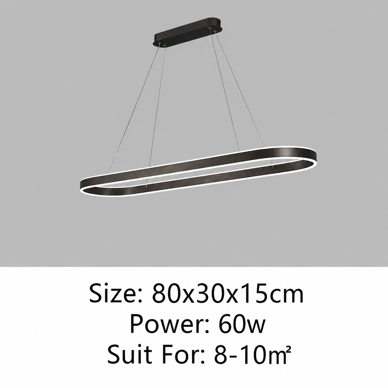 Modern linear oval LED pendant light in a matte black finish, suspended from a rectangular ceiling mount against a gray background, with text below stating size 80x30x15cm, 60w power, and suitable for 8-10m² spaces.