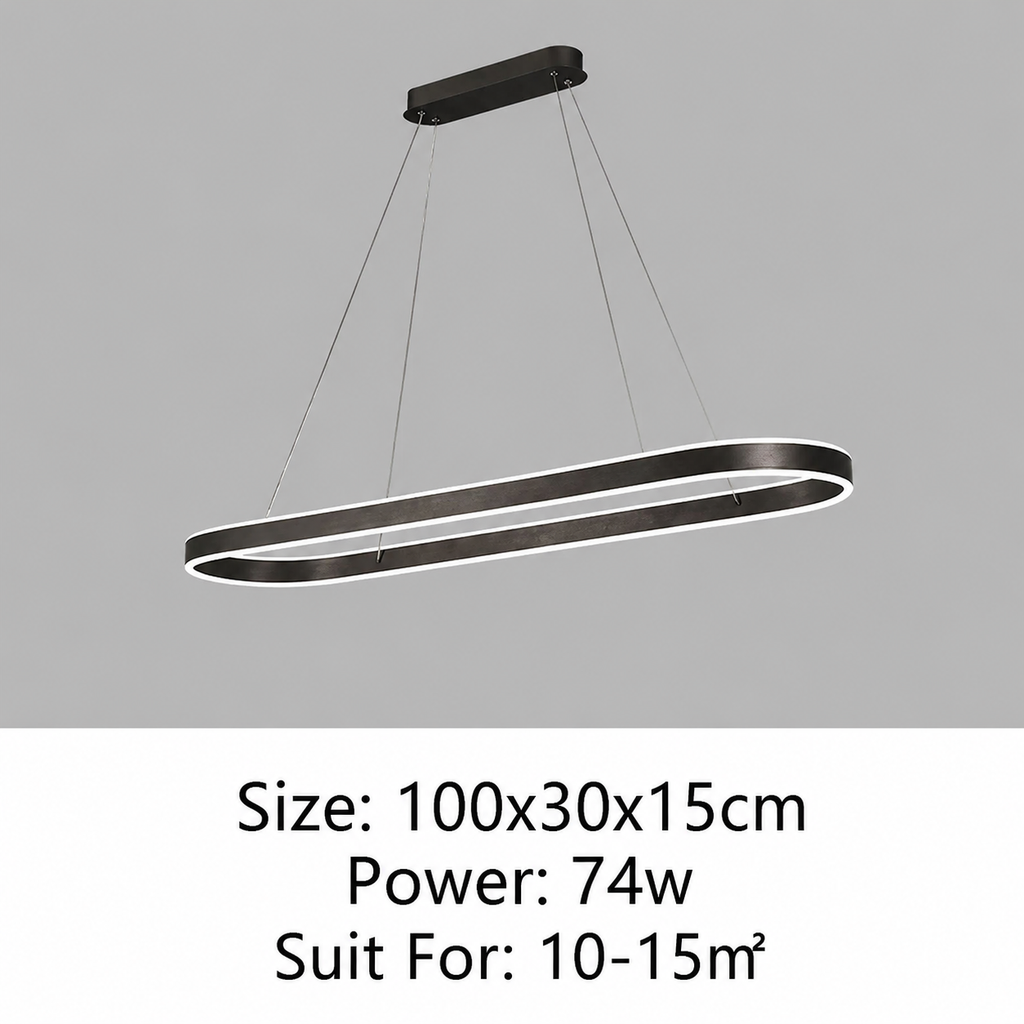 Modern linear LED ceiling light in a matte black finish, suspended by thin cables from a rectangular ceiling mount. The image includes a size specification text overlay at the bottom.