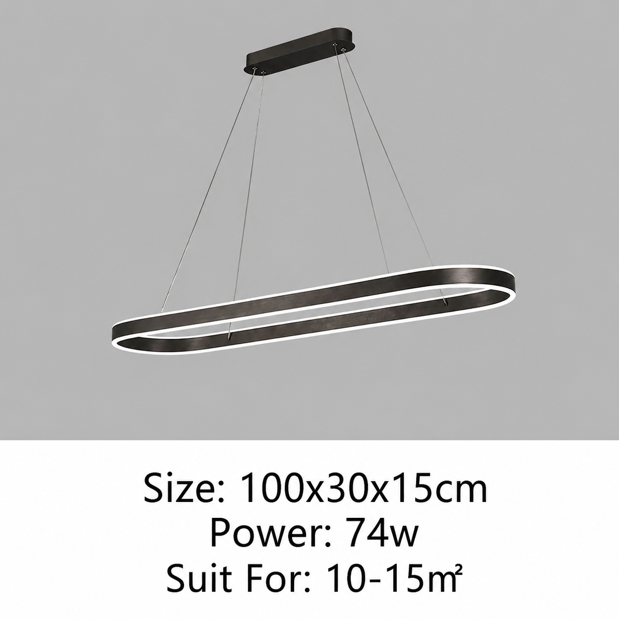 Modern linear LED ceiling light in a matte black finish, suspended by thin cables from a rectangular ceiling mount. The image includes a size specification text overlay at the bottom.