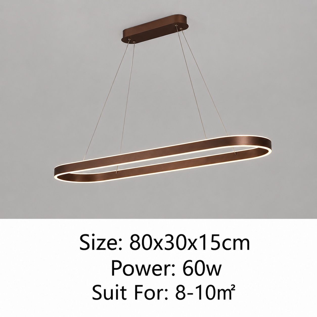 An oval LED linear pendant light in a bronze finish, suspended from a matching rectangular ceiling canopy. The image features a size specification text overlay at the bottom indicating dimensions, power, and suitability.