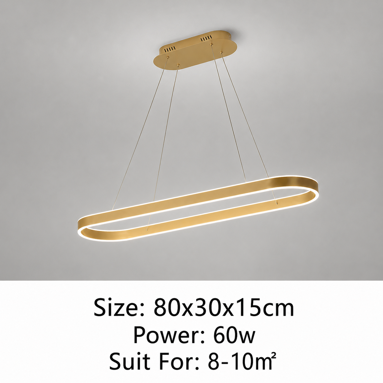 A modern linear LED pendant light in a brushed gold finish, suspended from an oval ceiling mount against a light gray wall. Text at the bottom specifies the size as 80x30x15cm, power as 60w, and suitability for 8-10m² rooms.